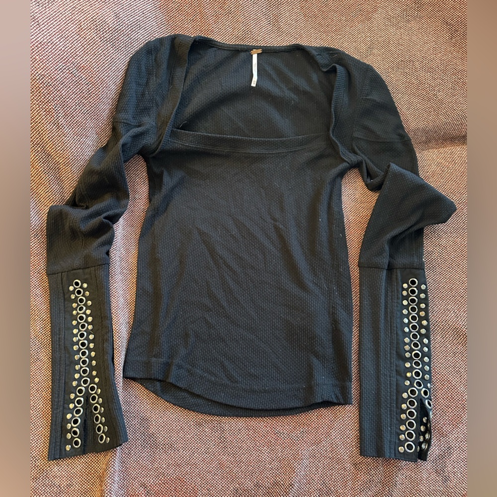 Free People Black Long Sleeve Top with Eyelet Detail